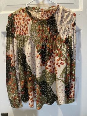 Boho Floral Patchwork Long-Sleeve Top, Babydoll, Medium